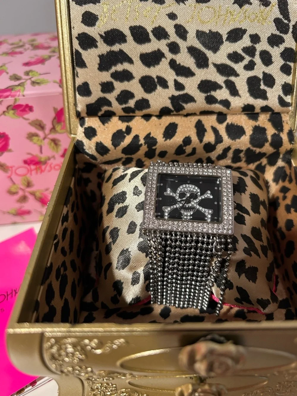 Betsey Johnson Skull Crossbones Rhinestone Beaded Tassel Watch Silver Tone NWOT - Picture 7 of 9